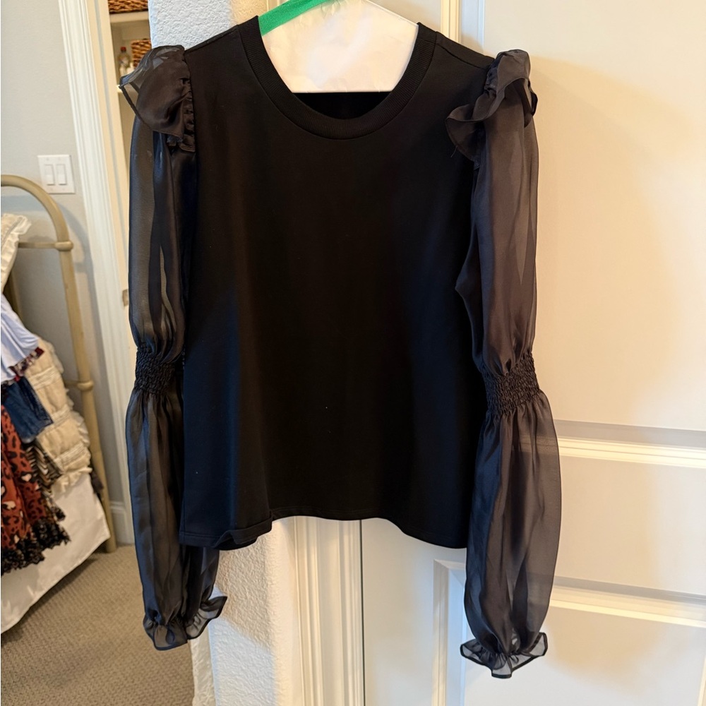 Anthropologie Black Blouse with Sheer Sleeves